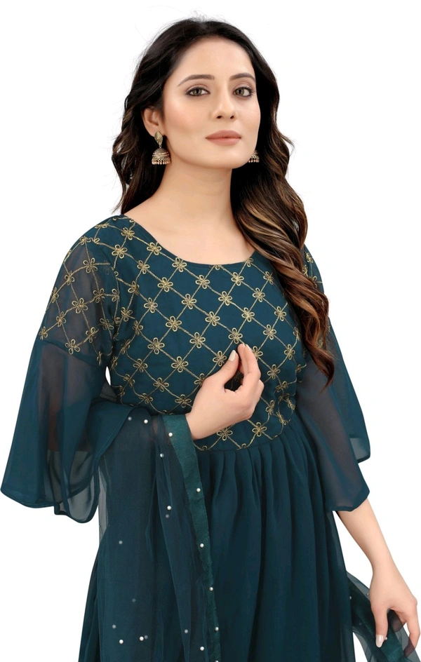 Women Georgette Kurti Sharara Dupatta Set - Rama, 2XL