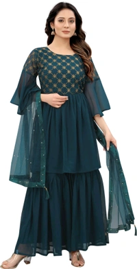 Women Georgette Kurti Sharara Dupatta Set - Rama, 2XL