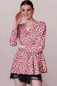 Women's Casual Puff Sleeves Floral Print Peplum Top - Mandy, L