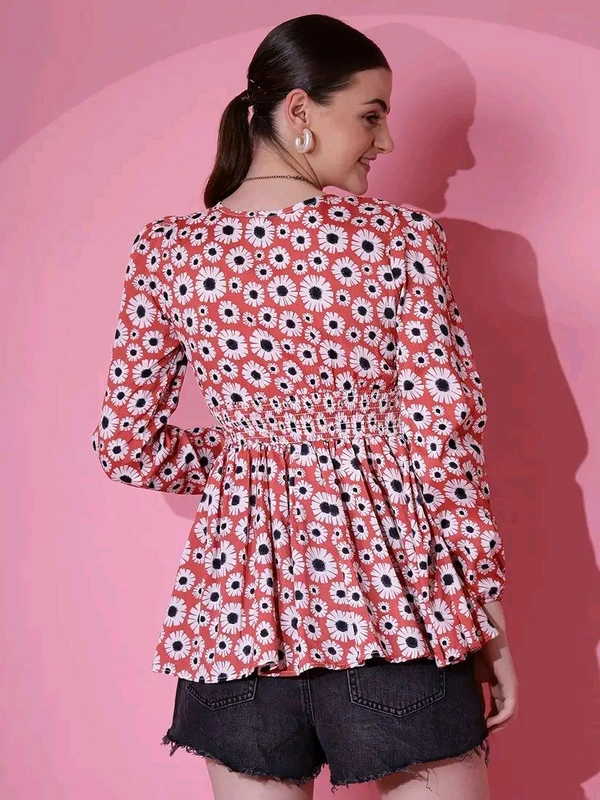 Women's Casual Puff Sleeves Floral Print Peplum Top - Mandy, XL