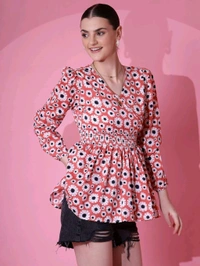 Women's Casual Puff Sleeves Floral Print Peplum Top - Mandy, XL