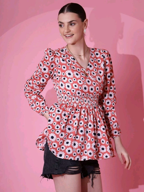 Women's Casual Puff Sleeves Floral Print Peplum Top - Mandy, XL