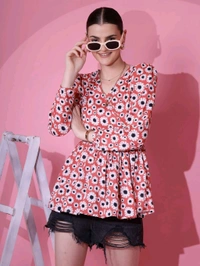 Women's Casual Puff Sleeves Floral Print Peplum Top - Mandy, XL