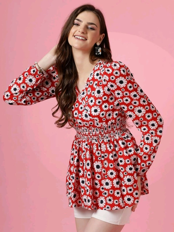 Women's Casual Puff Sleeves Floral Print Peplum Top - Thunderbird, M