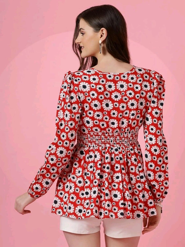 Women's Casual Puff Sleeves Floral Print Peplum Top - Thunderbird, XL