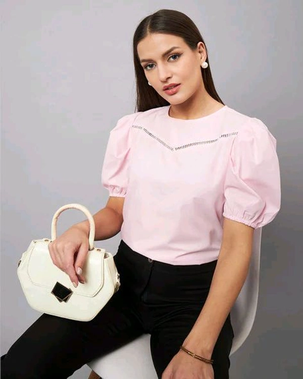 women Pink Round Neck Puff Sleeves Smart Top - Vanilla Ice, L