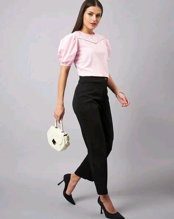 women Pink Round Neck Puff Sleeves Smart Top - Vanilla Ice, L