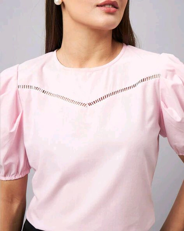 women Pink Round Neck Puff Sleeves Smart Top - Vanilla Ice, L