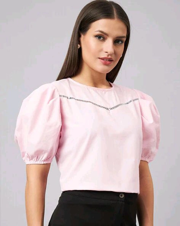 women Pink Round Neck Puff Sleeves Smart Top - Vanilla Ice, S