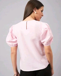 women Pink Round Neck Puff Sleeves Smart Top - Vanilla Ice, S