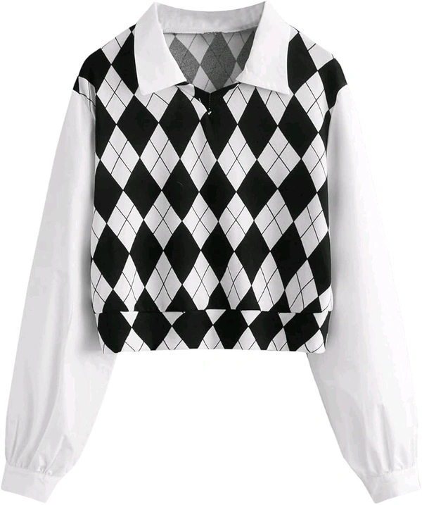 Women's Long Sleeve Crop Top Argyle Print Contrast Collar Blouse Shirt - White, M