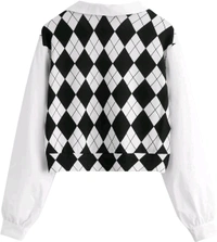Women's Long Sleeve Crop Top Argyle Print Contrast Collar Blouse Shirt - White, M