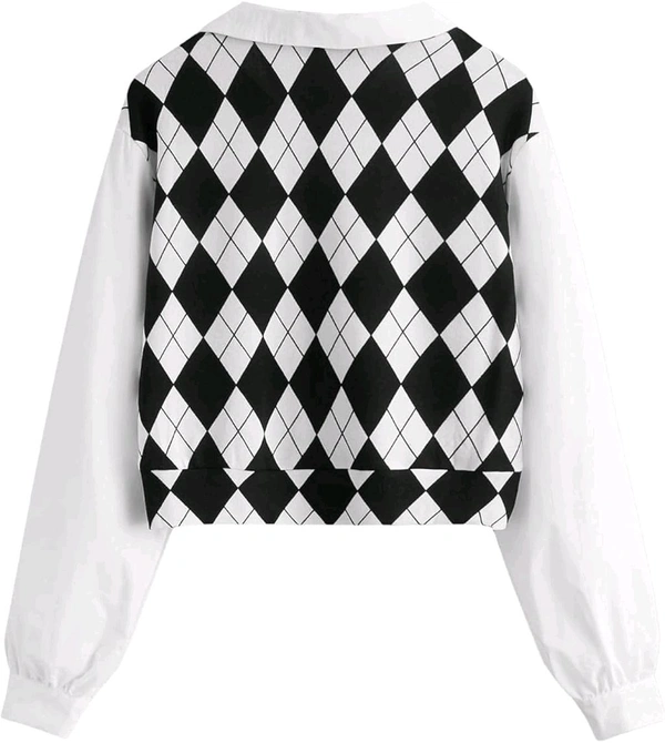 Women's Long Sleeve Crop Top Argyle Print Contrast Collar Blouse Shirt - White, M