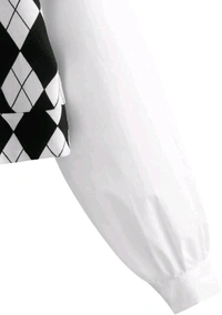 Women's Long Sleeve Crop Top Argyle Print Contrast Collar Blouse Shirt - White, M