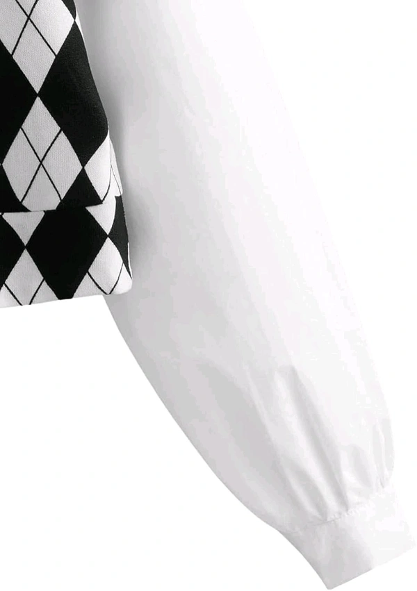 Women's Long Sleeve Crop Top Argyle Print Contrast Collar Blouse Shirt - White, M