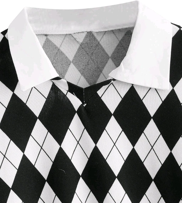 Women's Long Sleeve Crop Top Argyle Print Contrast Collar Blouse Shirt - White, M