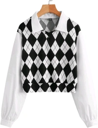 Women's Long Sleeve Crop Top Argyle Print Contrast Collar Blouse Shirt - White, M