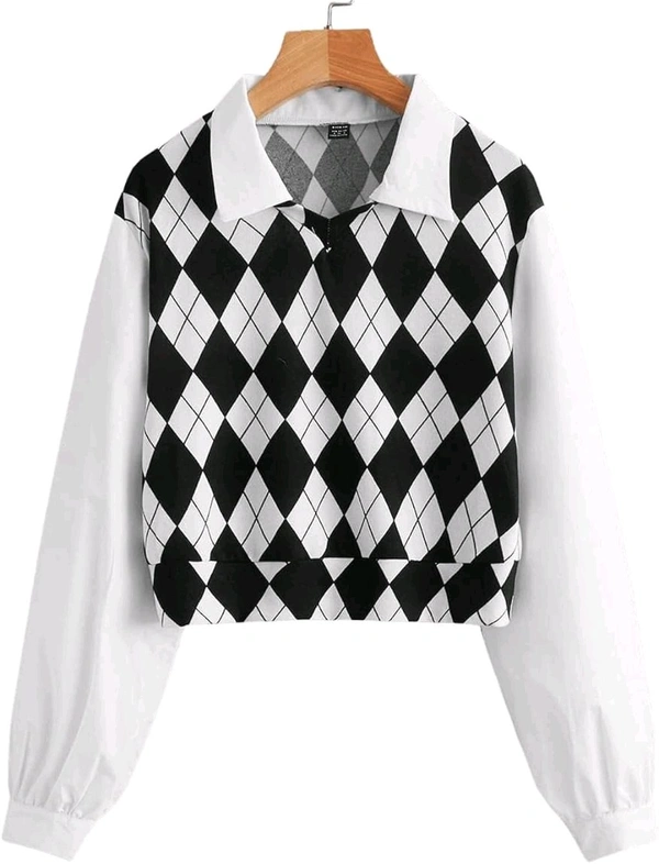 Women's Long Sleeve Crop Top Argyle Print Contrast Collar Blouse Shirt - White, M