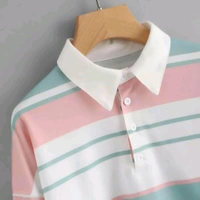 Women's Long Sleeve T-Shirt Button Front Striped Polo Shirt Croped Pullover Sweatshirt Top Blouse Casual Drop Shoulder Top - White, M