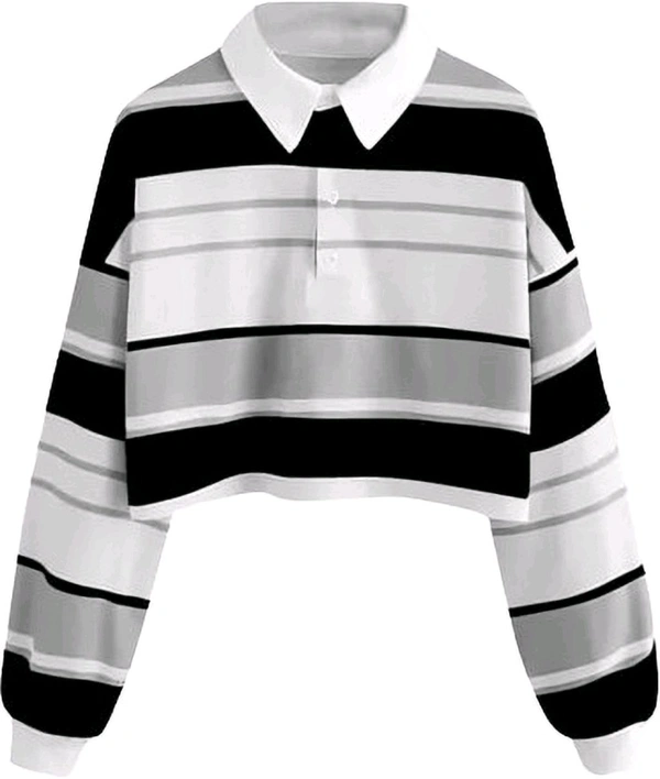 Women's Long Sleeve T-Shirt Button Front Striped Polo Shirt Croped Pullover Sweatshirt Top Blouse Casual Drop Shoulder Top - Black, M