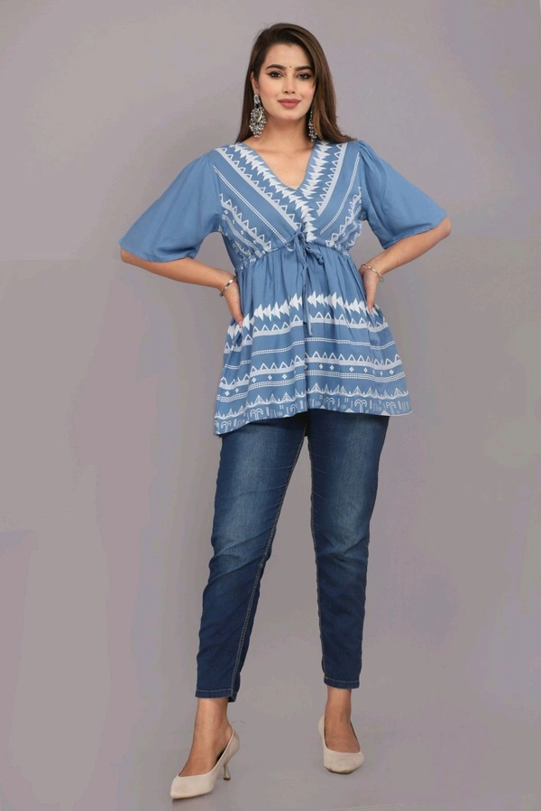 Girls Rayon Printed Festival Regular for Women's Top (White - Polo Blue, S