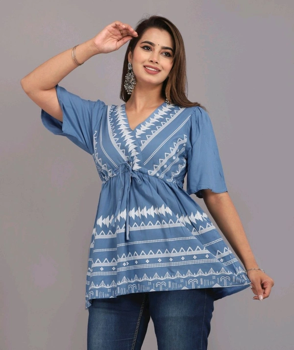 Girls Rayon Printed Festival Regular for Women's Top (White - Polo Blue, S