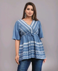 Girls Rayon Printed Festival Regular for Women's Top (White - Polo Blue, S