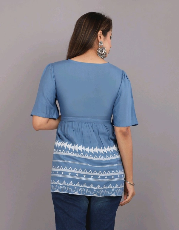 Girls Rayon Printed Festival Regular for Women's Top (White - Polo Blue, S