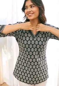 Black Jaal Floral Print Top Cotton V-Neck Short Kurti Tunic for Women - Pablo, XS