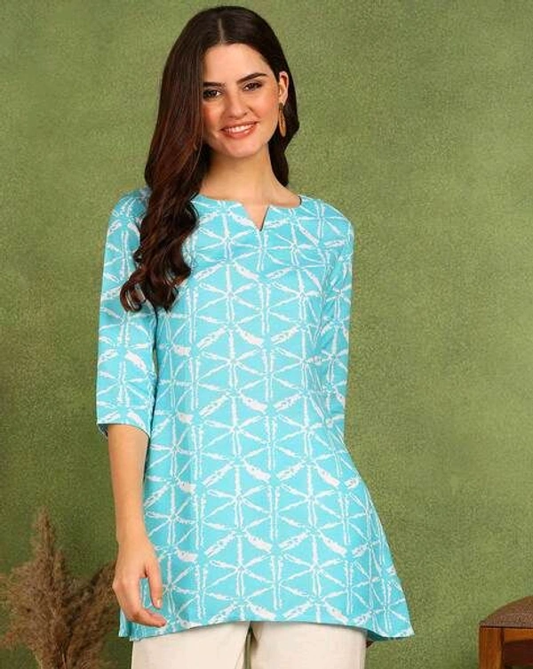 Turquoise Printed Poly Rayon Short Kurti For Women And Girls - Spray, L