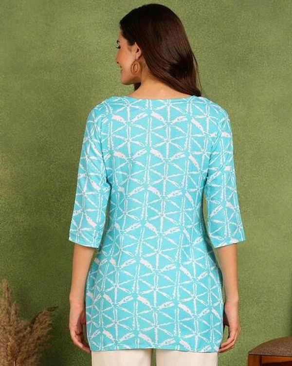 Turquoise Printed Poly Rayon Short Kurti For Women And Girls - Spray, L