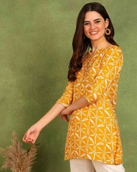 Turquoise Printed Poly Rayon Short Kurti For Women And Girls - Sea Buckthorn, L