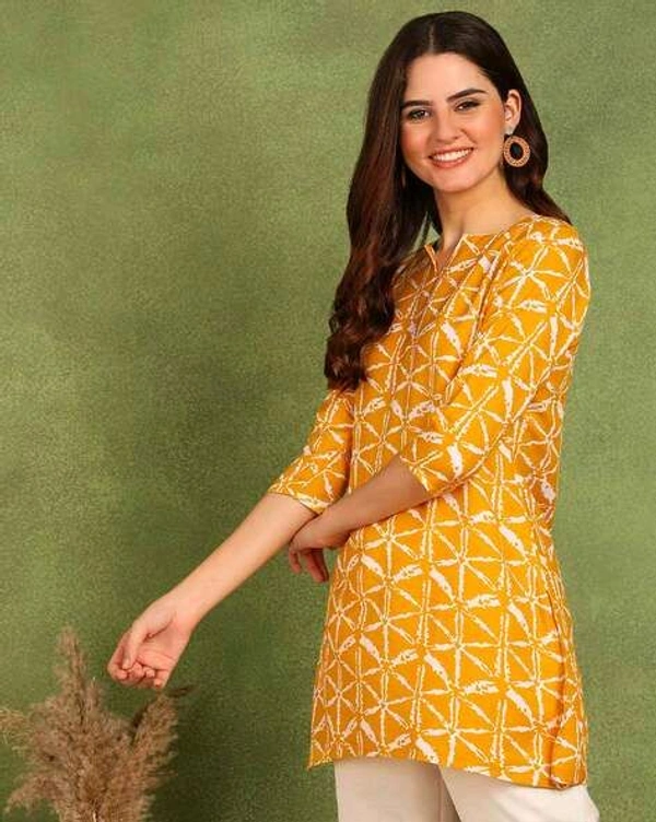 Turquoise Printed Poly Rayon Short Kurti For Women And Girls - Sea Buckthorn, L