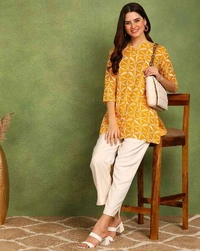 Turquoise Printed Poly Rayon Short Kurti For Women And Girls - Sea Buckthorn, L