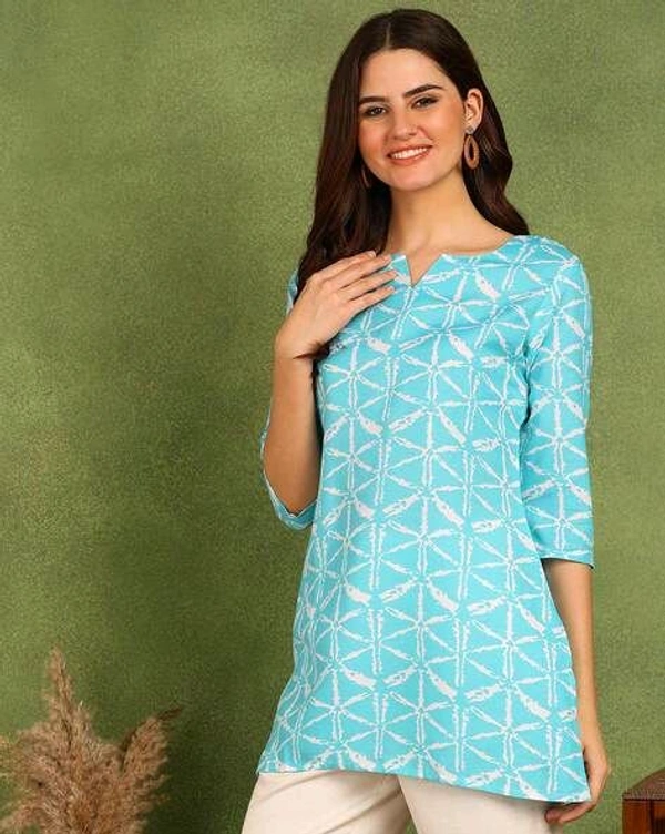 Turquoise Printed Poly Rayon Short Kurti For Women And Girls - Spray, M