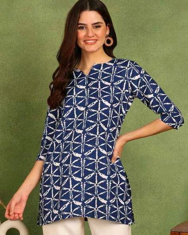 Turquoise Printed Poly Rayon Short Kurti For Women And Girls - Rhino, M