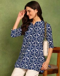 Turquoise Printed Poly Rayon Short Kurti For Women And Girls - Rhino, M