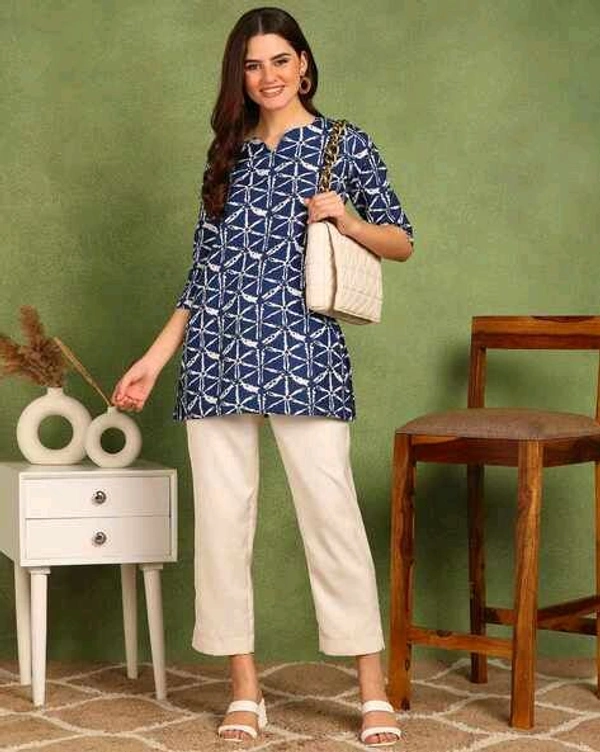 Turquoise Printed Poly Rayon Short Kurti For Women And Girls - Rhino, M