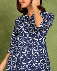 Turquoise Printed Poly Rayon Short Kurti For Women And Girls - Rhino, M