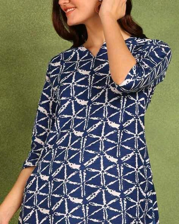 Turquoise Printed Poly Rayon Short Kurti For Women And Girls - Rhino, M