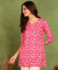 Turquoise Printed Poly Rayon Short Kurti For Women And Girls - Cerise Red, M