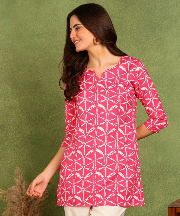 Turquoise Printed Poly Rayon Short Kurti For Women And Girls - Cerise Red, M