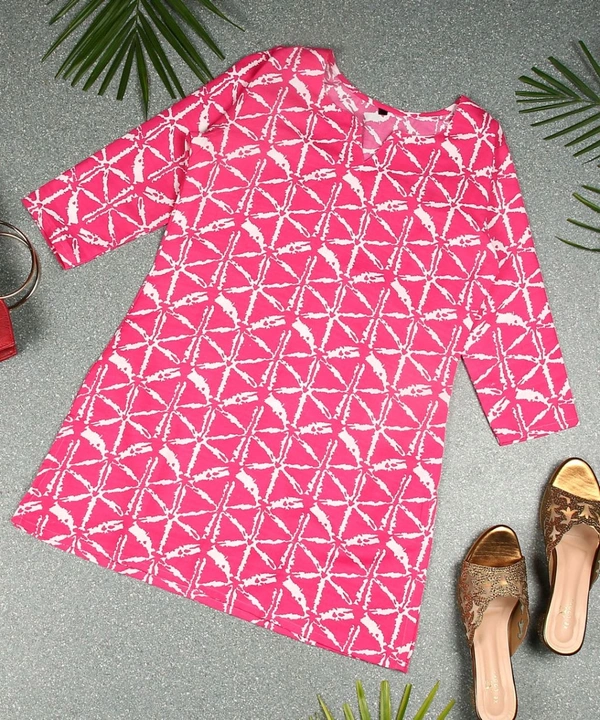 Turquoise Printed Poly Rayon Short Kurti For Women And Girls - Cerise Red, M