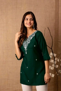 Women Rayon Regular Top - Bottle Green, M