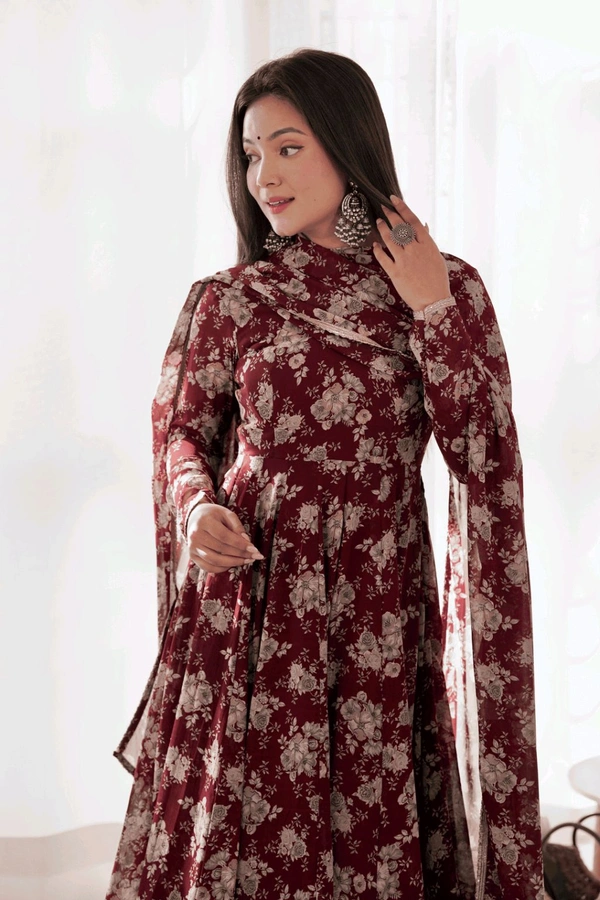 Glamwiz Maroon Floral Printed Anarkali Suit - Cocoa Bean, L