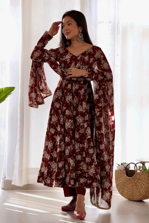 Glamwiz Maroon Floral Printed Anarkali Suit - Cocoa Bean, M