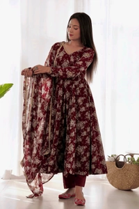 Glamwiz Maroon Floral Printed Anarkali Suit - Cocoa Bean, M