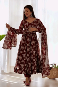 Glamwiz Maroon Floral Printed Anarkali Suit - Cocoa Bean, M