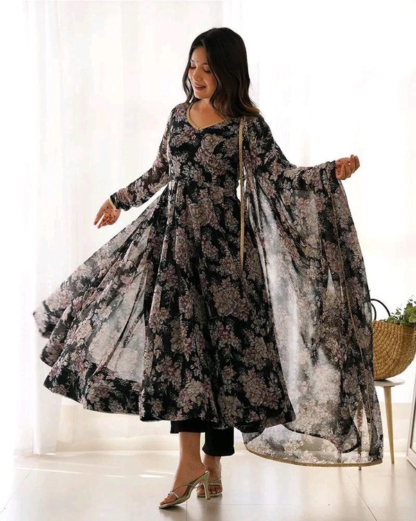 Glamwiz Maroon Floral Printed Anarkali Suit - Black, M