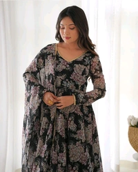 Glamwiz Maroon Floral Printed Anarkali Suit - Black, M